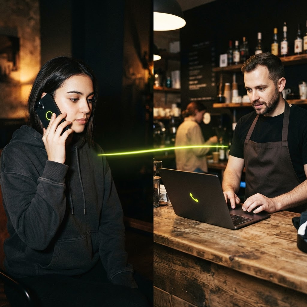 Cliente conectado por voz o video con un negocio desde su teléfono y notebook